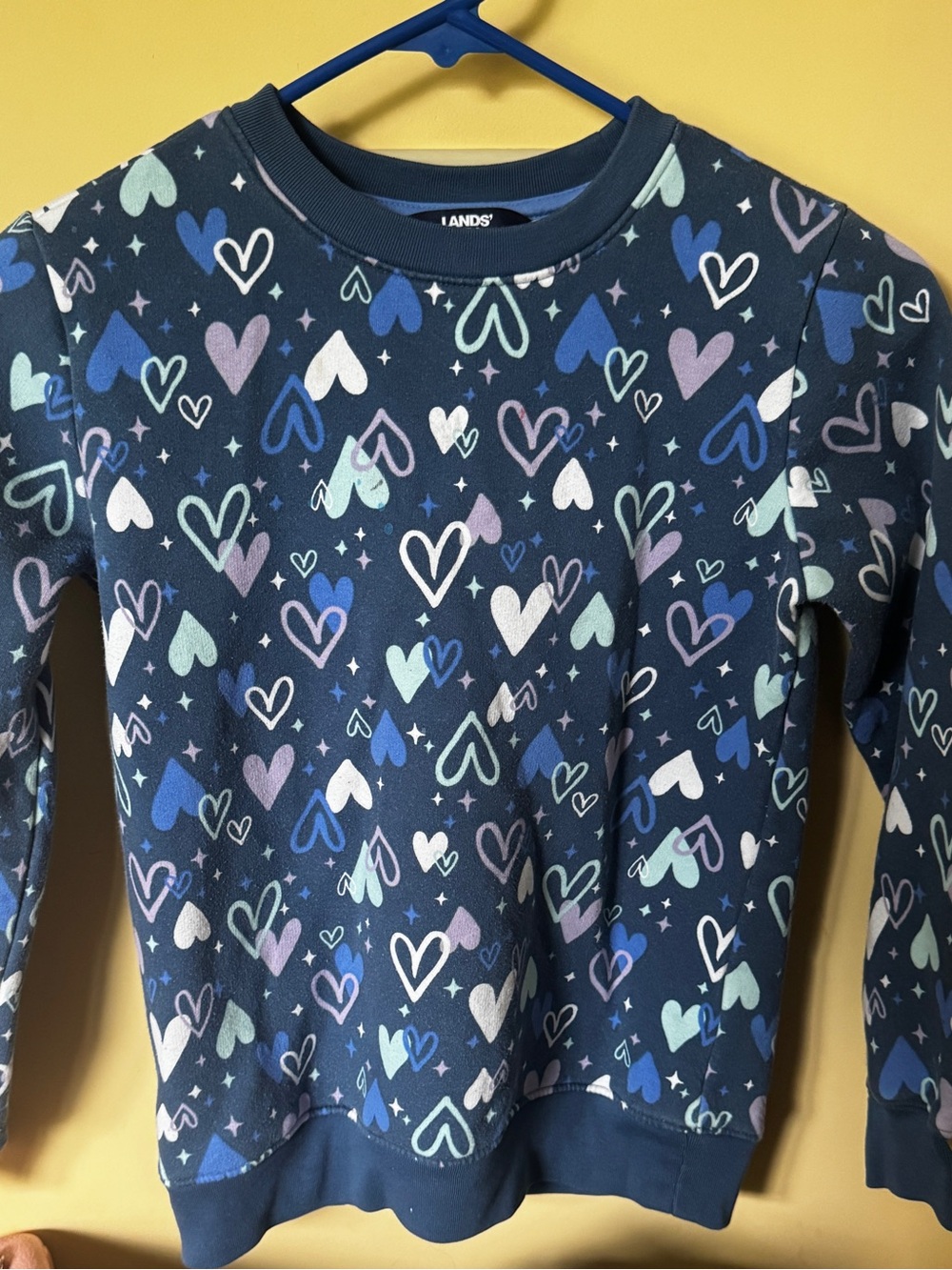 Lands' End Navy Fleece Pullover with Multicolor Heart Print